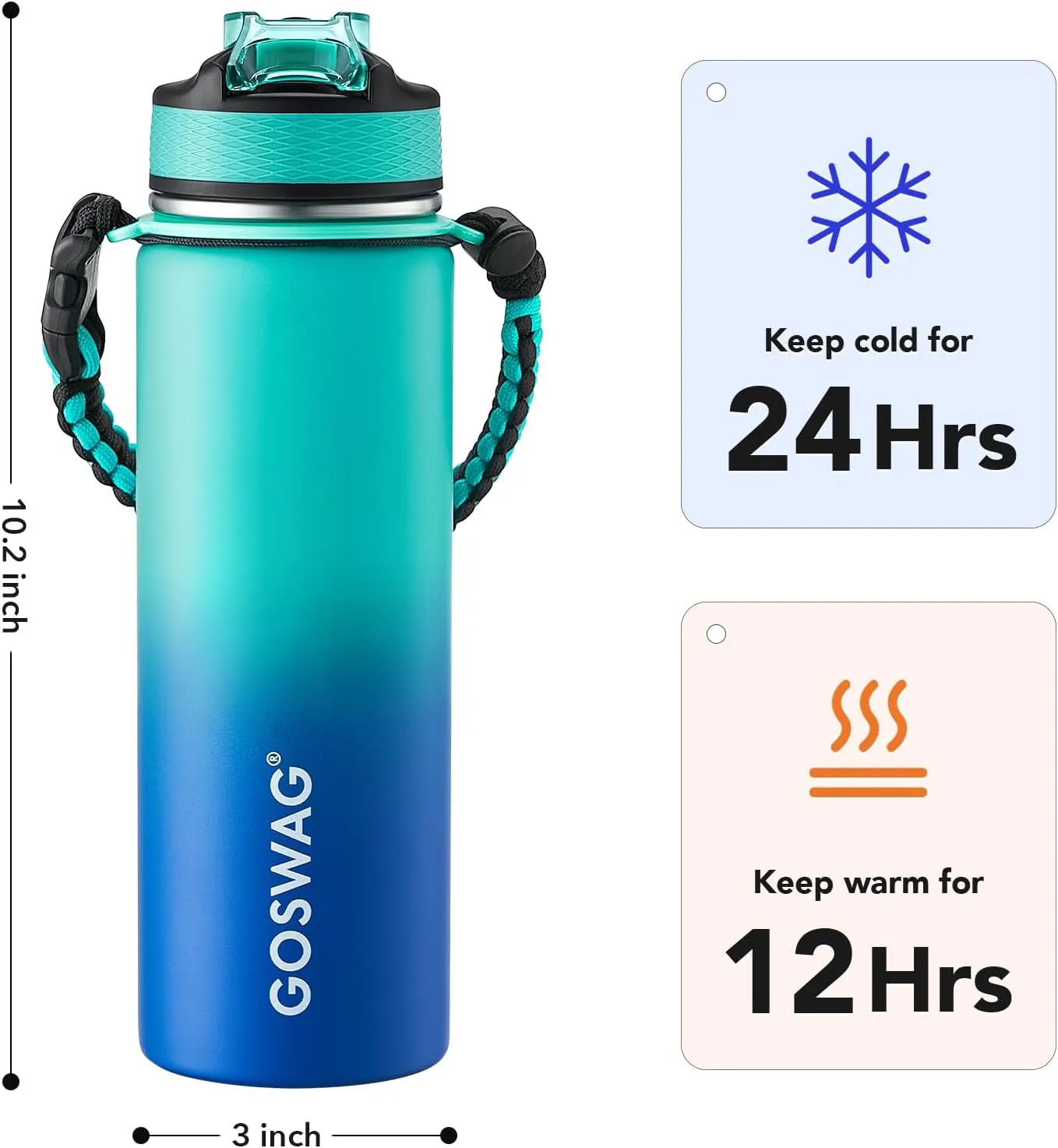 GOSWAG Insulated Sports Water Bottle, 24oz 2 Lids(with Straw/No Straw), Stainless Steel Water Bottles with Paracord Handle, Insulated Thermos with Double-Wall Vacuum Insulation