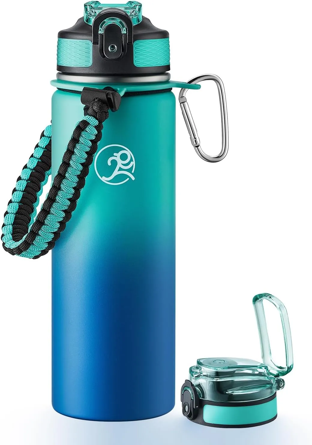 GOSWAG Insulated Sports Water Bottle, 24oz 2 Lids(with Straw/No Straw), Stainless Steel Water Bottles with Paracord Handle, Insulated Thermos with Double-Wall Vacuum Insulation