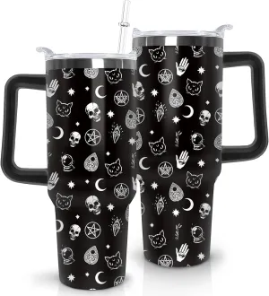 Goth Tumbler with Lid and Straw, Stainless Steel Gothic 40oz Tumbler with Handle, Black Moon Travel Coffee Mug Water Bottle, Goth Gifts Cups for Women and Men