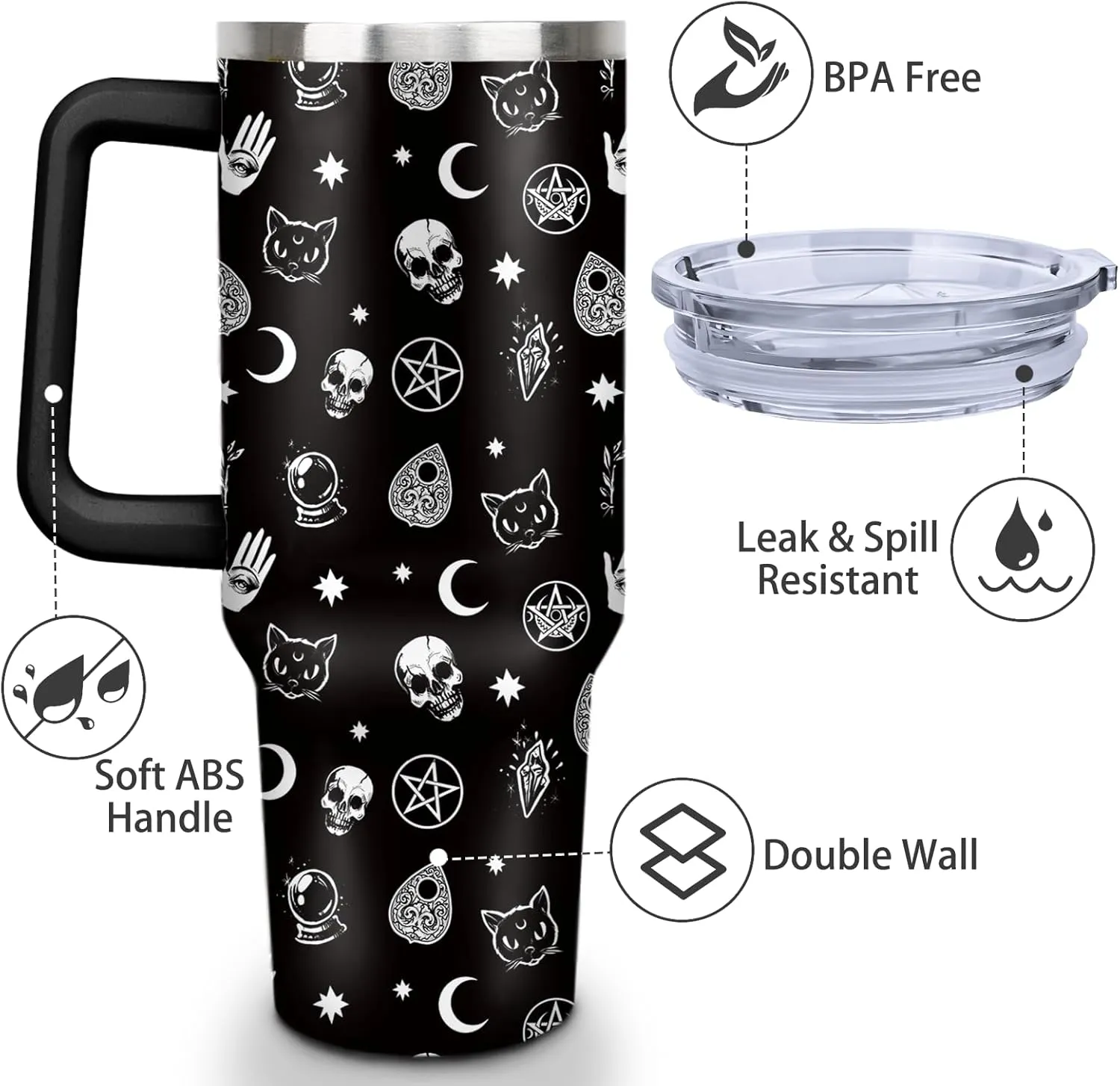 Goth Tumbler with Lid and Straw, Stainless Steel Gothic 40oz Tumbler with Handle, Black Moon Travel Coffee Mug Water Bottle, Goth Gifts Cups for Women and Men