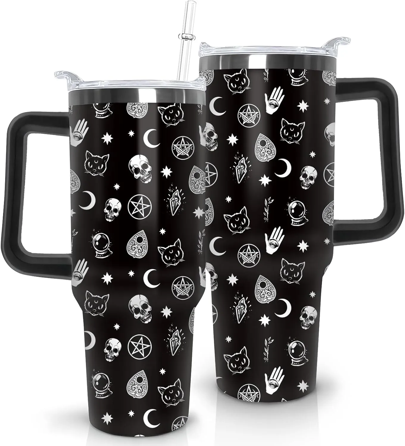 Goth Tumbler with Lid and Straw, Stainless Steel Gothic 40oz Tumbler with Handle, Black Moon Travel Coffee Mug Water Bottle, Goth Gifts Cups for Women and Men