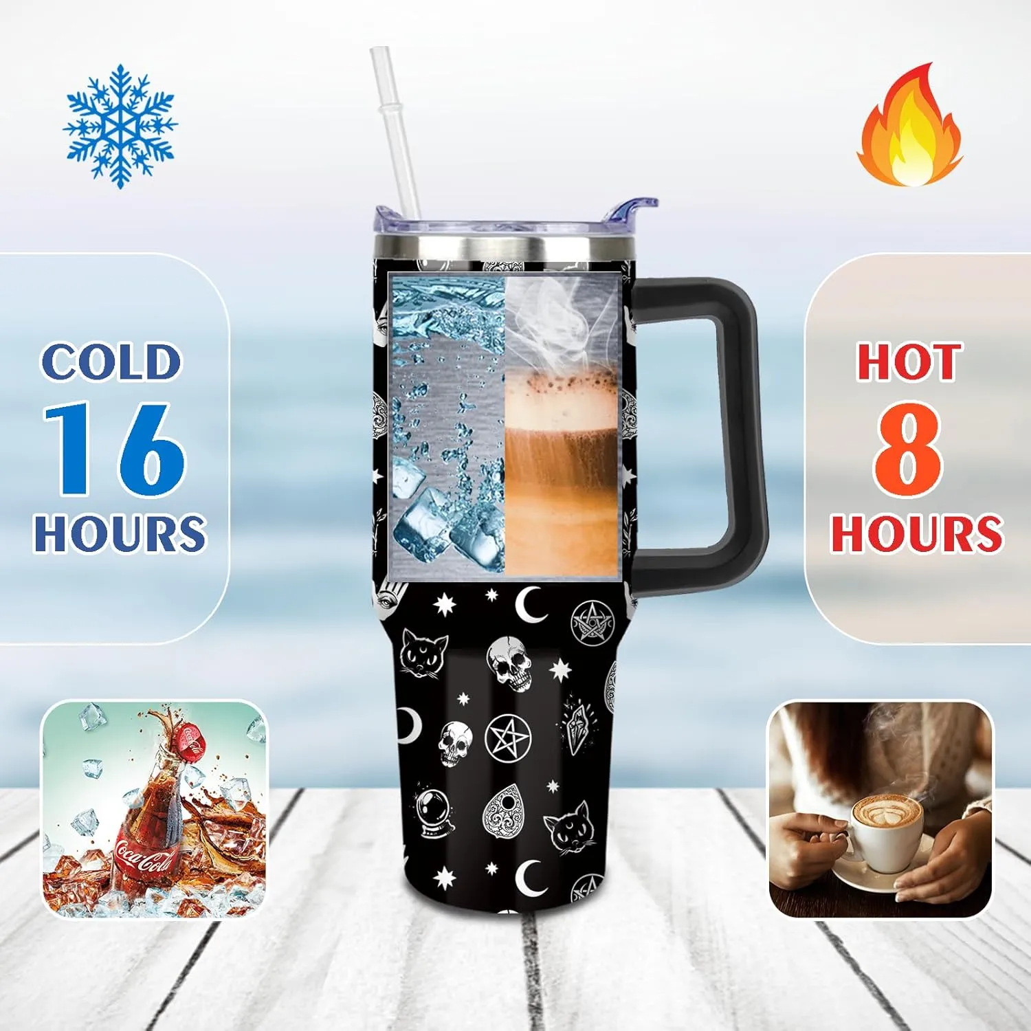 Goth Tumbler with Lid and Straw, Stainless Steel Gothic 40oz Tumbler with Handle, Black Moon Travel Coffee Mug Water Bottle, Goth Gifts Cups for Women and Men