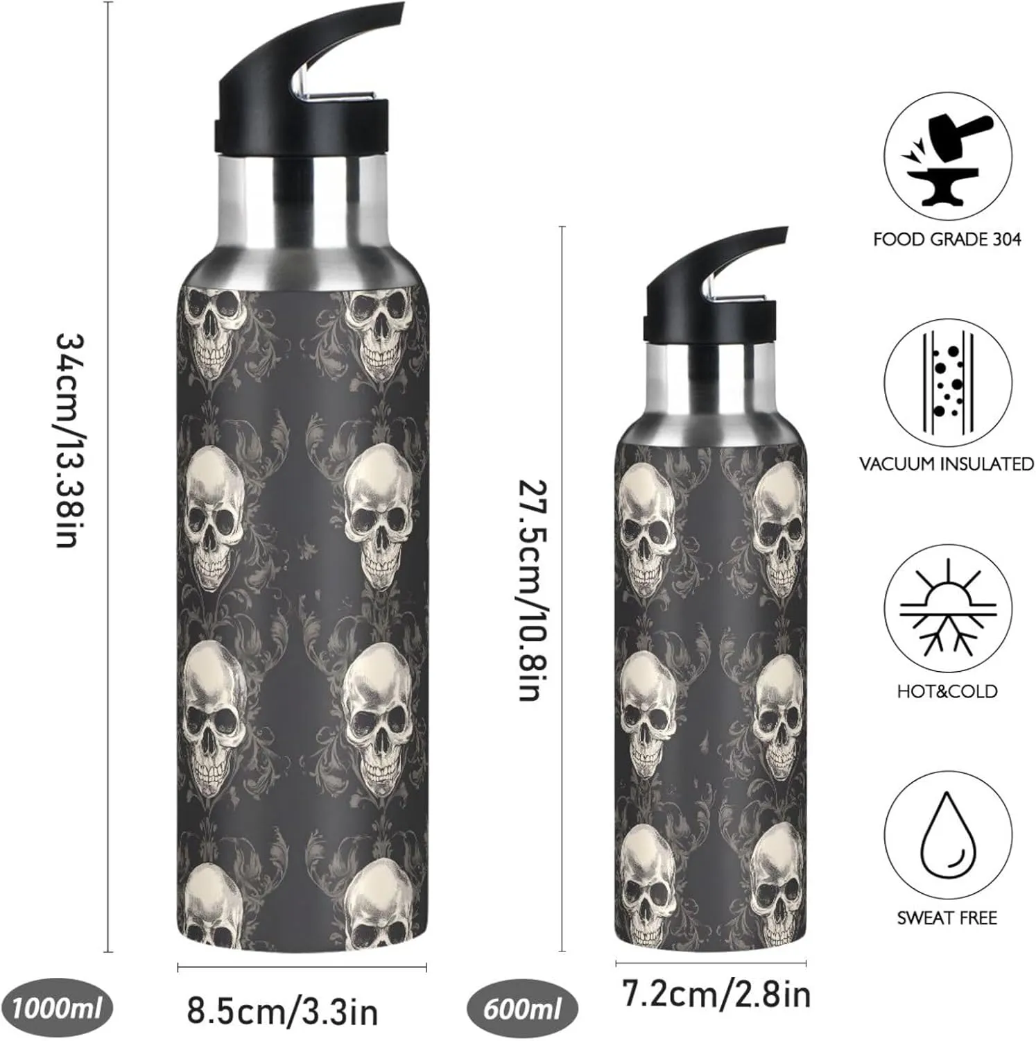 Gothic Skull Print Sports Bottle with Straw and Carry Loop for Gym, Camping, Workout, and Outdoors，Insulated Water Bottle Jug for All Day Hydration
