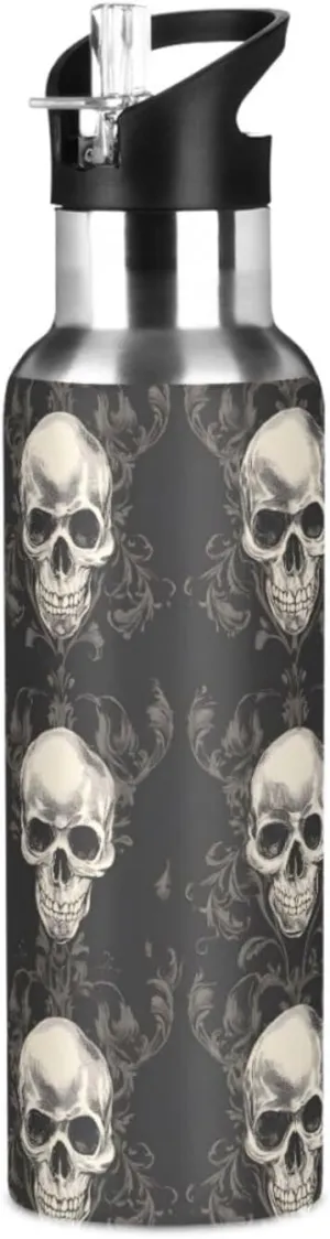 Gothic Skull Print Sports Bottle with Straw and Carry Loop for Gym, Camping, Workout, and Outdoors，Insulated Water Bottle Jug for All Day Hydration