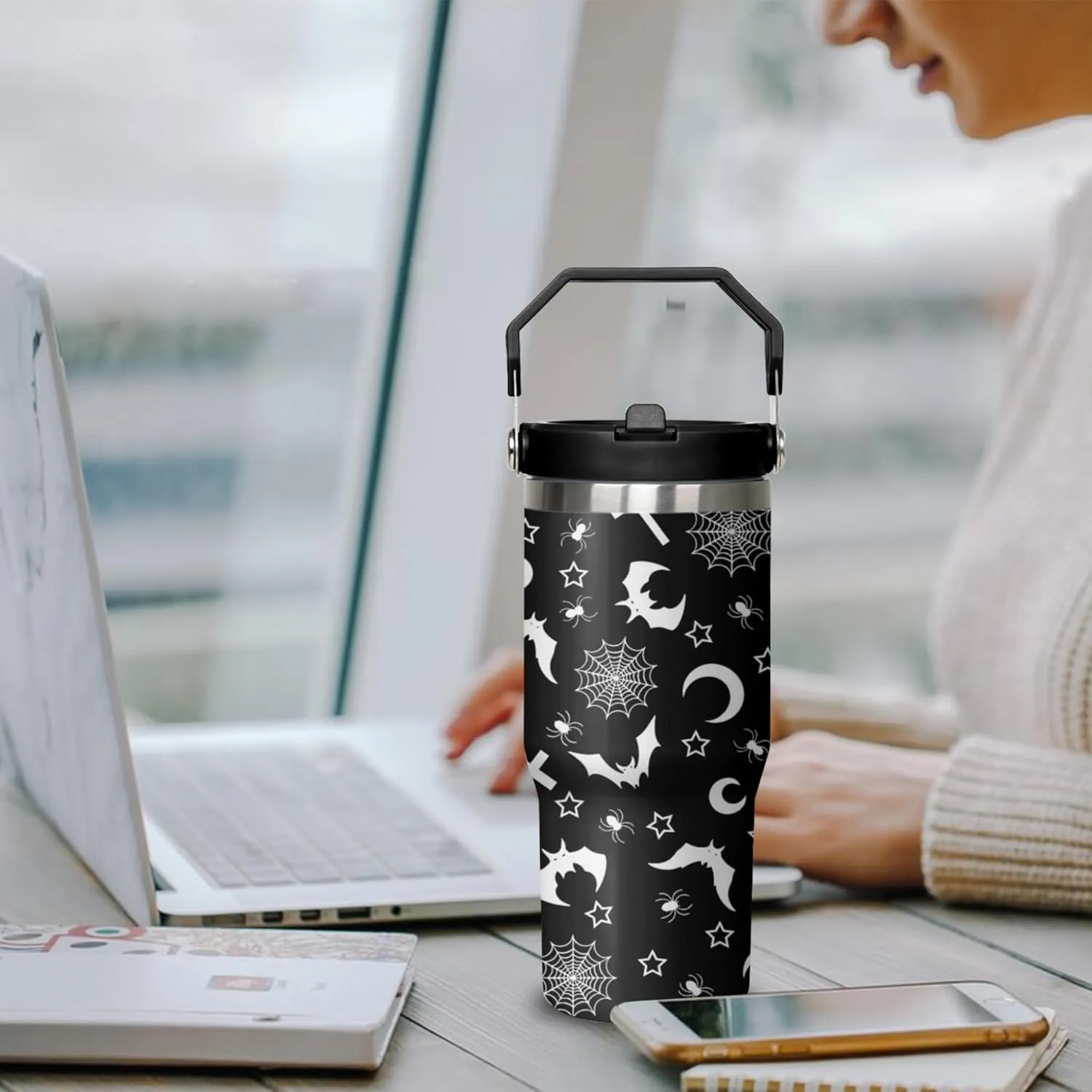 Gothic Tumbler with Handle and Flip Straw for Women Men, 30oz Halloween Goth Stainless Steel Insulated Cup, Witch Moon Water Bottle Travel Coffee Mug Gifts