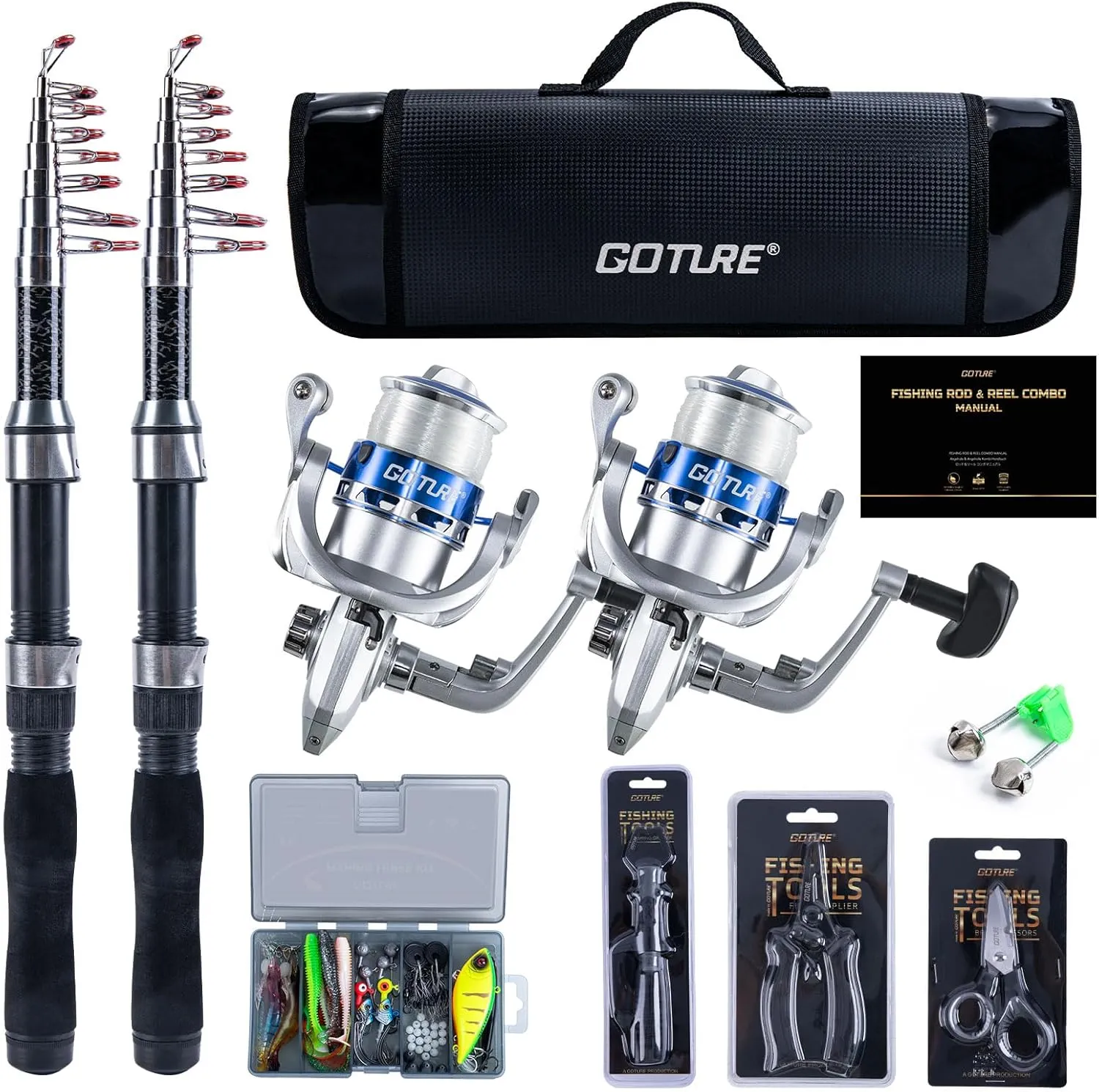Goture Fishing Rod and Reel Combos-2PCS Telescopic Fishing Pole 2PCS Pre-Loaded Spinning Reels with Carrier Bag,Telescopic Rod Reel Lures Kit for Starter Saltwater Freshwater Travel,Gifts for Men
