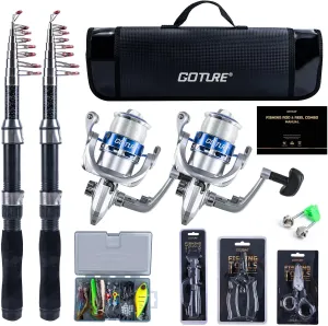 Goture Fishing Rod and Reel Combos-2PCS Telescopic Fishing Pole 2PCS Pre-Loaded Spinning Reels with Carrier Bag,Telescopic Rod Reel Lures Kit for Starter Saltwater Freshwater Travel,Gifts for Men