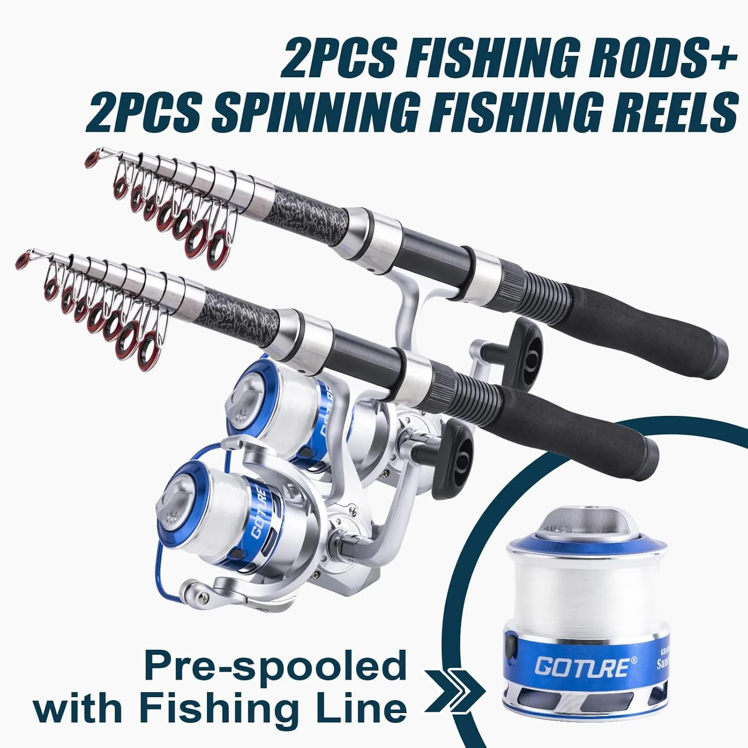 Goture Fishing Rod and Reel Combos-2PCS Telescopic Fishing Pole 2PCS Pre-Loaded Spinning Reels with Carrier Bag,Telescopic Rod Reel Lures Kit for Starter Saltwater Freshwater Travel,Gifts for Men