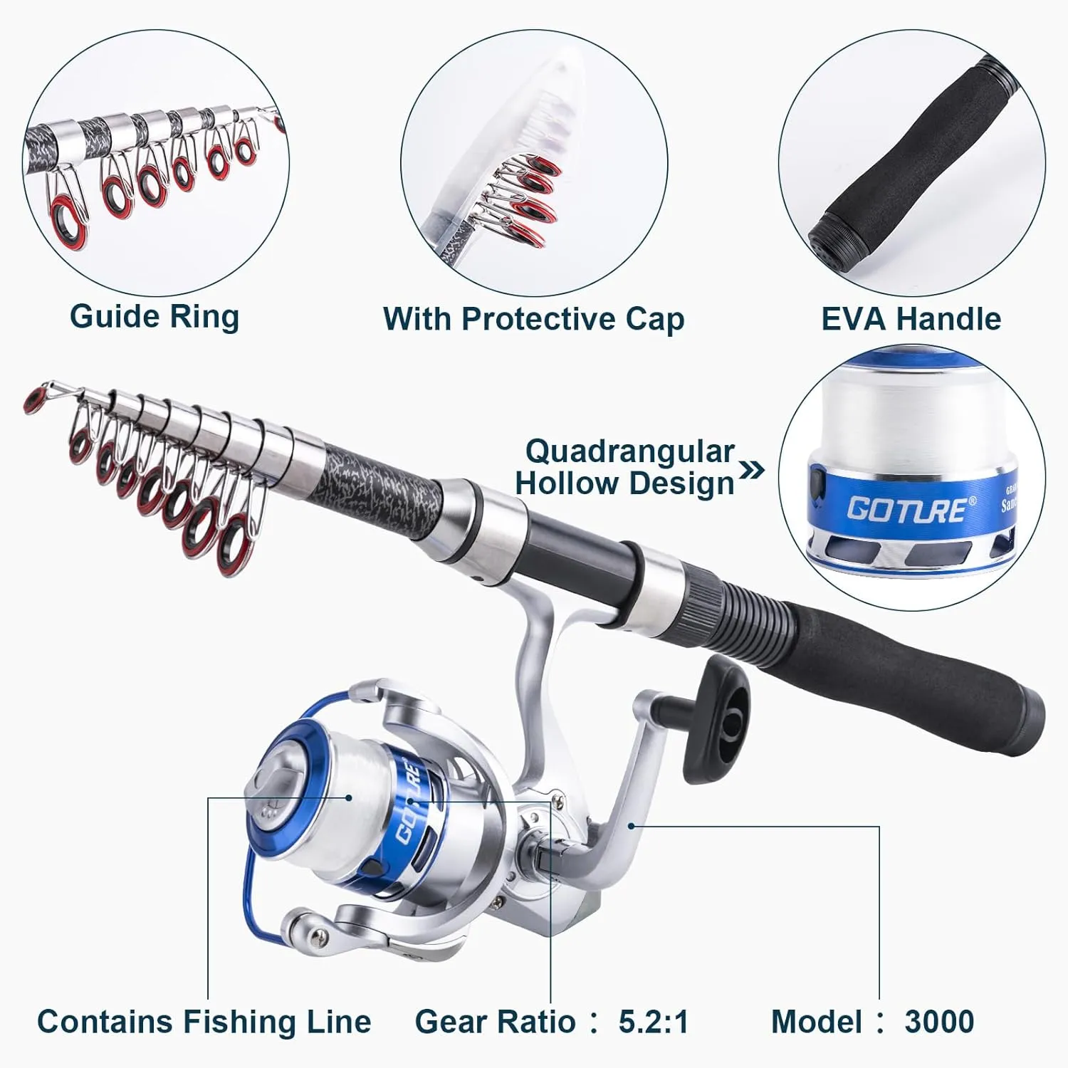Goture Fishing Rod and Reel Combos-2PCS Telescopic Fishing Pole 2PCS Pre-Loaded Spinning Reels with Carrier Bag,Telescopic Rod Reel Lures Kit for Starter Saltwater Freshwater Travel,Gifts for Men