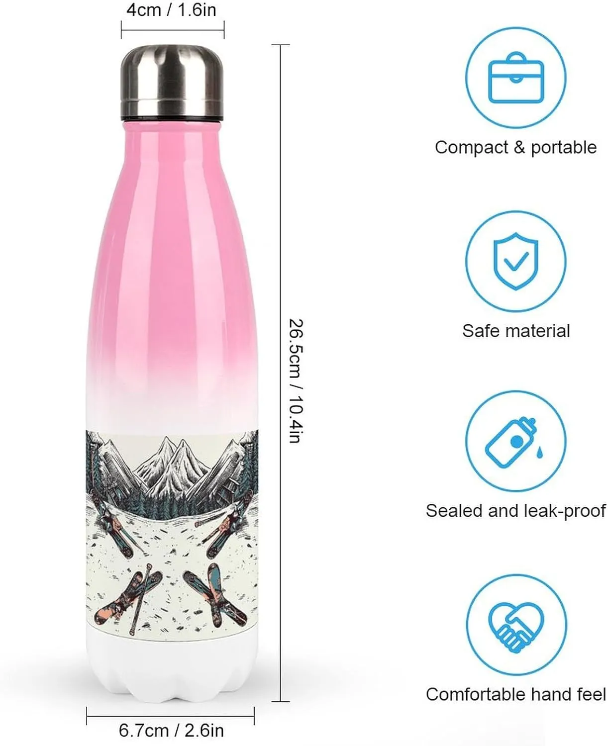 Gradient Stainless Steel Bottle, Skiing with Gear Set Print Sports Bottle Perfect for Travel, Beach, Sports, And Everyday Hydration