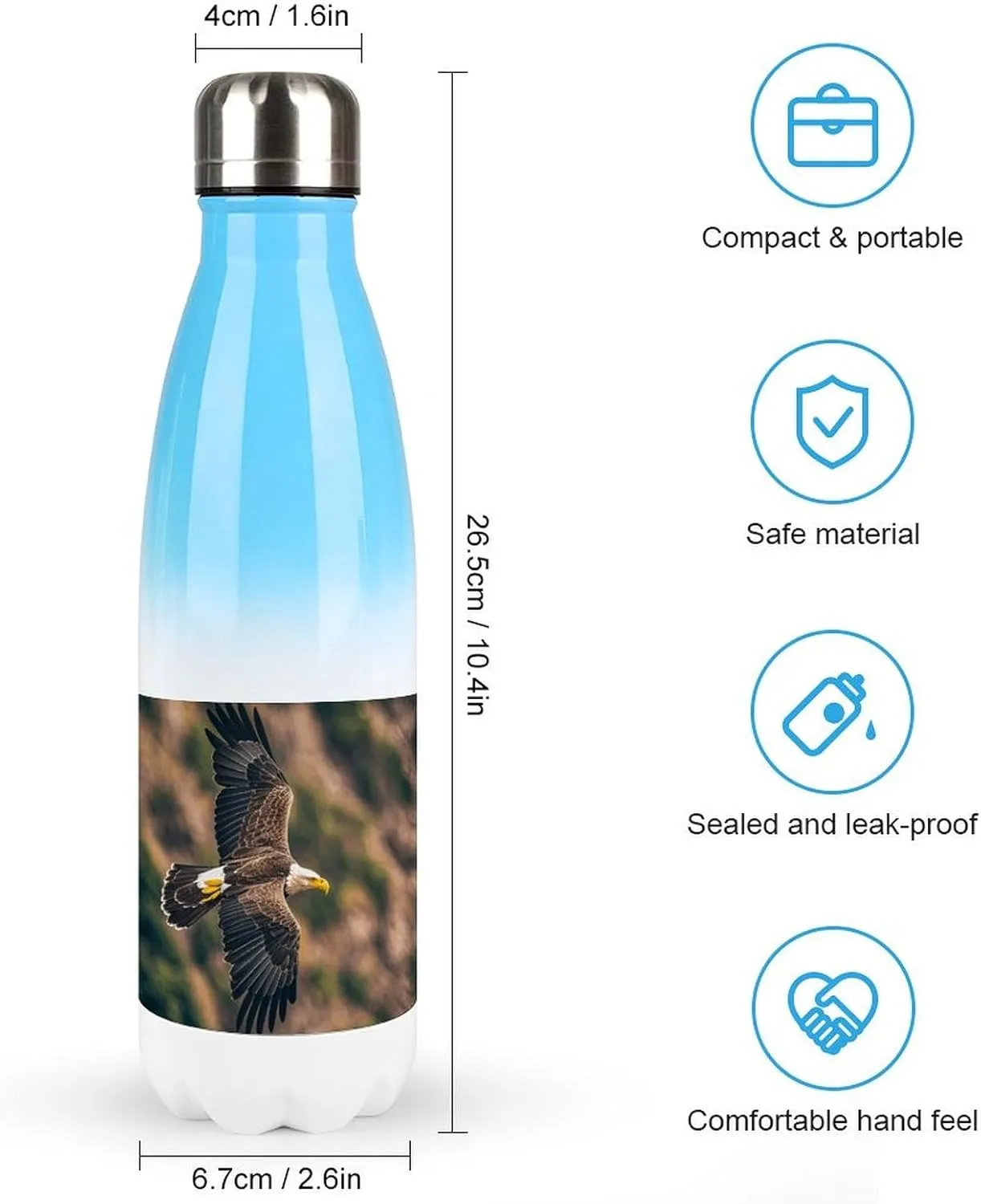 Gradient Stainless Steel Water Bottle, Aerial View of A Bald Eagle in Flight Print Outdoor Travel Bottle Ideal for Travel, Outdoor, And Daily Hydration