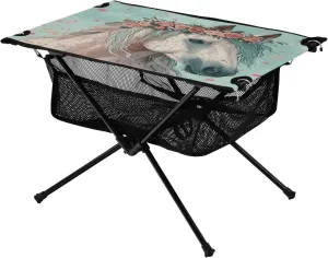 Grey Horse with Floral Portable Folding Camping Table, Compact Lightweight Beach Table with Carrying Bag for Outdoor Picnics, BBQs, Camp