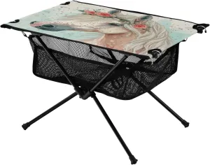 Grey Horse with Floral Portable Folding Camping Table, Compact Lightweight Beach Table with Carrying Bag for Outdoor Picnics, BBQs, Camp