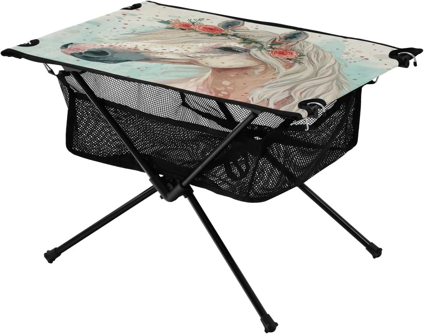 Grey Horse with Floral Portable Folding Camping Table, Compact Lightweight Beach Table with Carrying Bag for Outdoor Picnics, BBQs, Camp