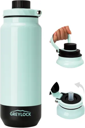 GREYLOCK 32 oz Insulated Water Bottle with Straw Lid, Leakproof Reusable Stainless Steel Vacuum Flask, 24hr Cold & Hot, Carry Handle & Silicone Spout, BPA-Free for Gym, Hiking, Travel,Teal