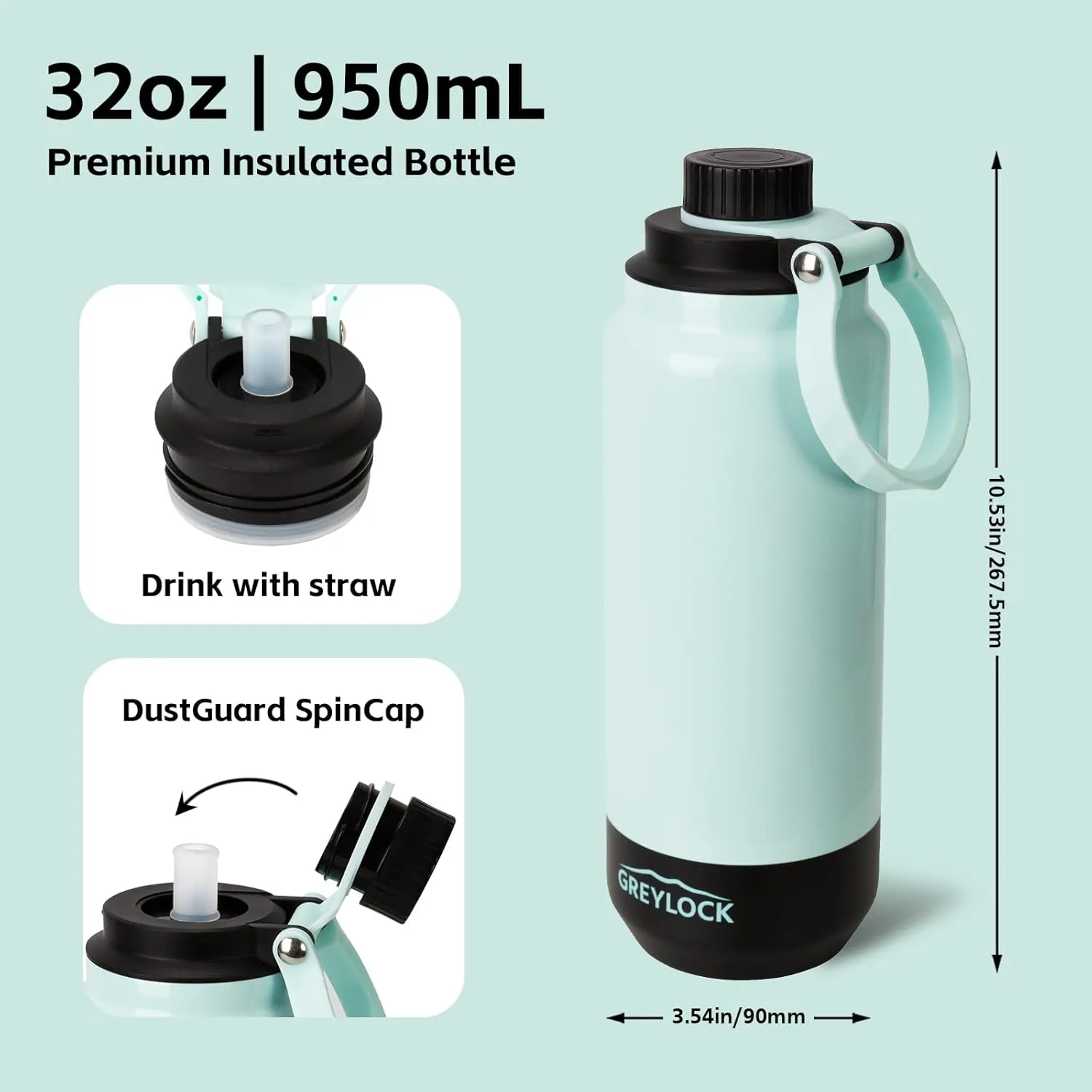 GREYLOCK 32 oz Insulated Water Bottle with Straw Lid, Leakproof Reusable Stainless Steel Vacuum Flask, 24hr Cold & Hot, Carry Handle & Silicone Spout, BPA-Free for Gym, Hiking, Travel,Teal