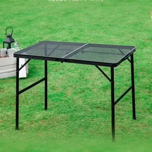 Grill Table, Camping Table Portable Folding Table Outdoor Picnic Table,Height Adjustable Collapsible Table with Mesh Desktop,Lightweight Metal Foldable Table for Camp BBQ Picnic RV Black