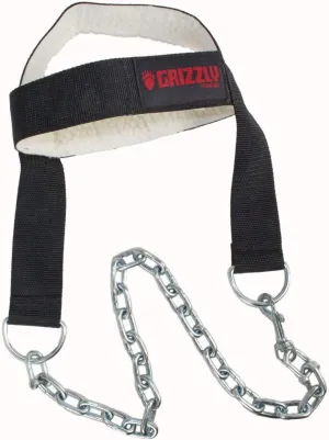 Grizzly Fitness Premium Nylon Head Harness for Weight Training by Men and Women | One-Size Adjustable | Used by Pros | Durable stitched nylon with soft Borg Padding
