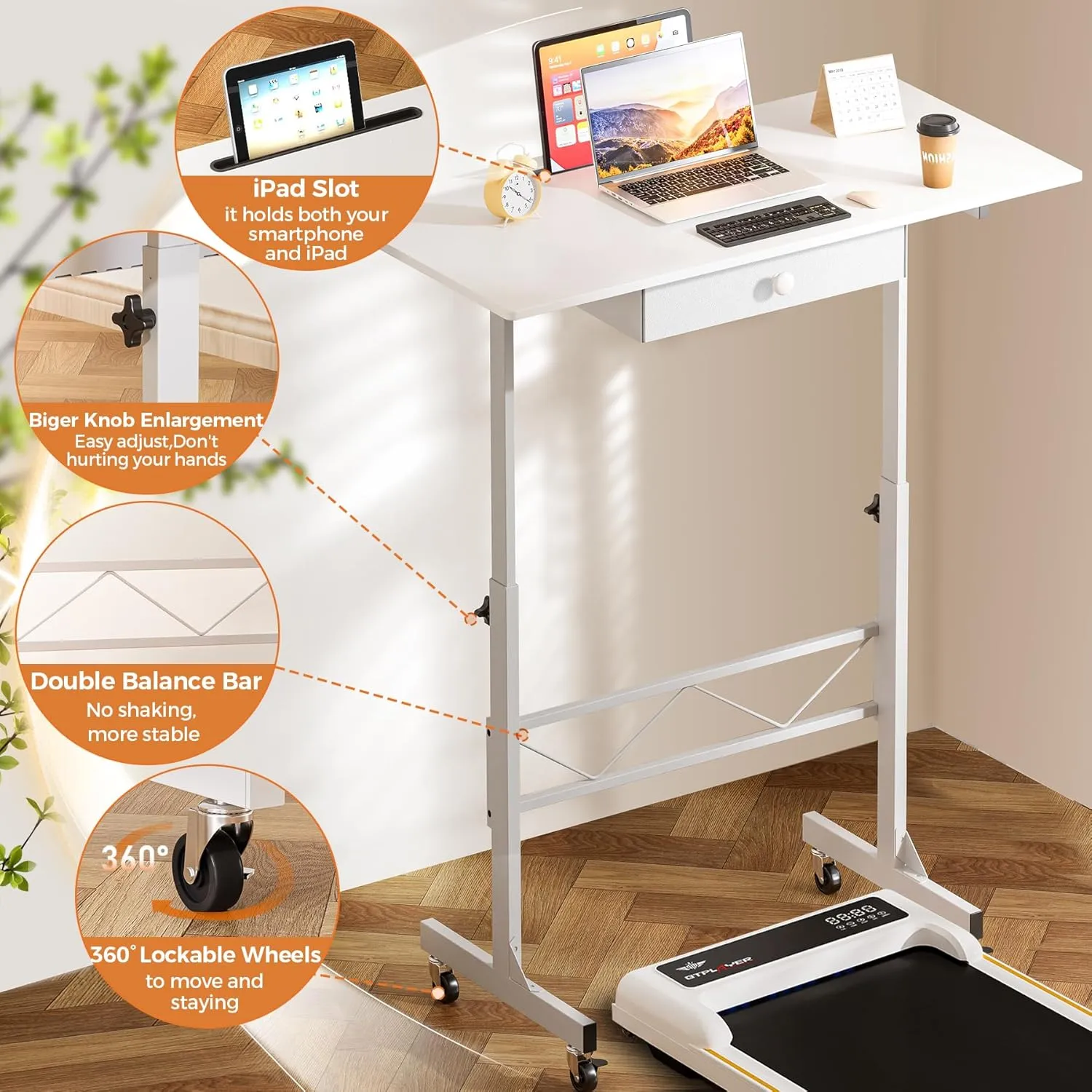 GTRACING Small Standing Desk Adjustable Height Small Computer Desk Mobile Portable Rolling Laptop Table with Wheels 32" Computer Workstation Sit Stand Desks Portable Standing Table Treadmill desks