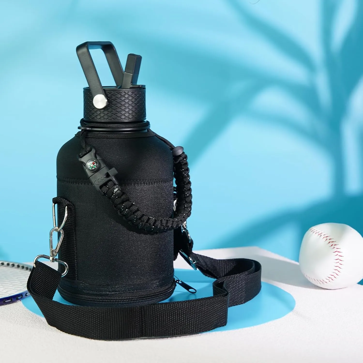 Half Gallon Insulated Water Bottle with Straw,64 oz 3 Lids Water Jug with Carrying Bag,Paracord Handle,Double Wall Vacuum Stainless Steel Metal Flask,Dark Green