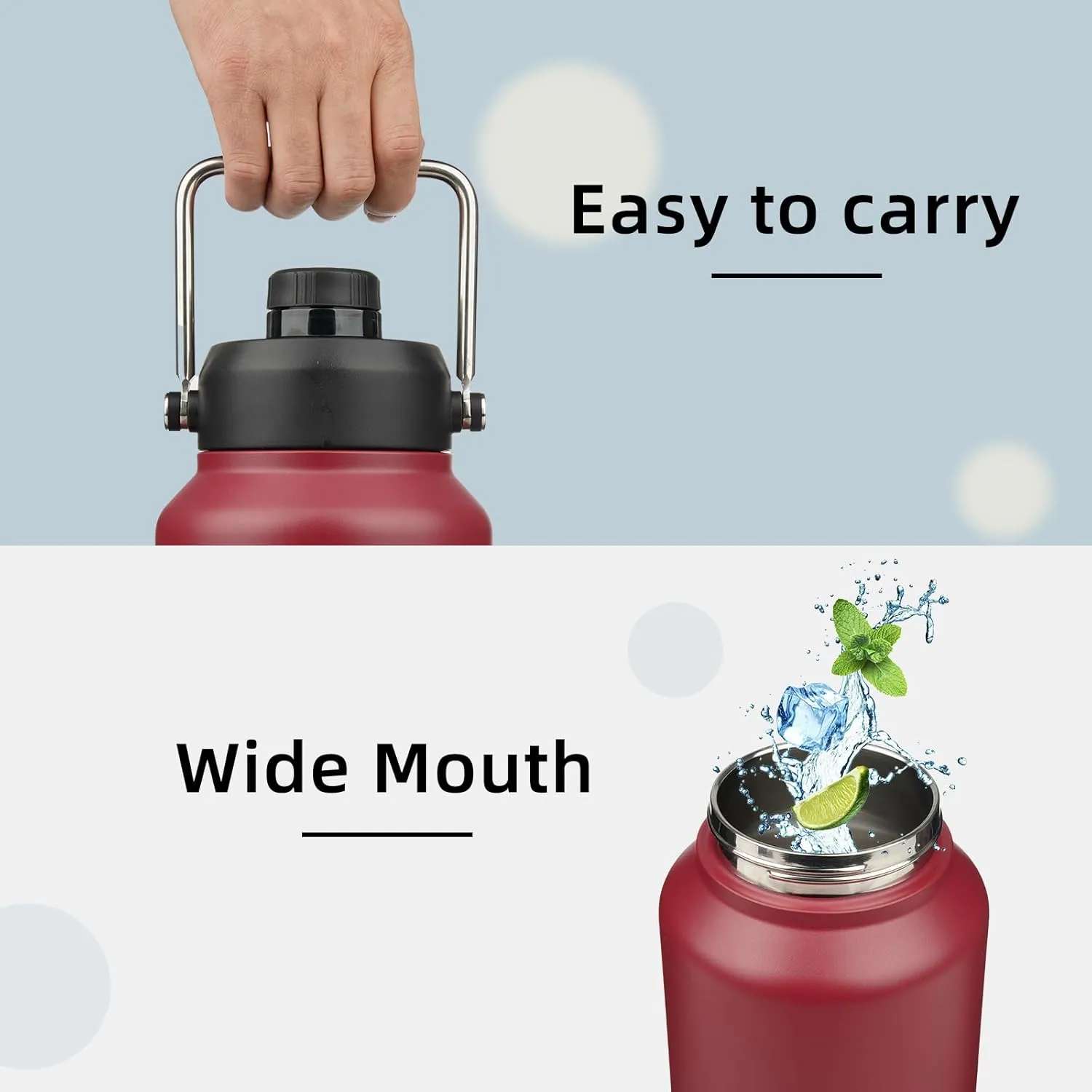 Half Gallon Jug with Handle,64 oz Insulated Water Bottle with Carrying Pouch,Double Wall Vacuum Stainless Steel Metal Bottle,Dark red
