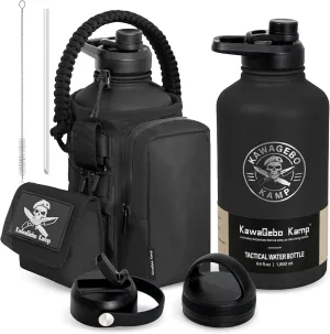 Half Gallon Tactical Water Bottle With Straw - Battle Bottle - 64 OZ Stainless Steel Water Jug with 3 Lids, Paracord Handle, Molle System