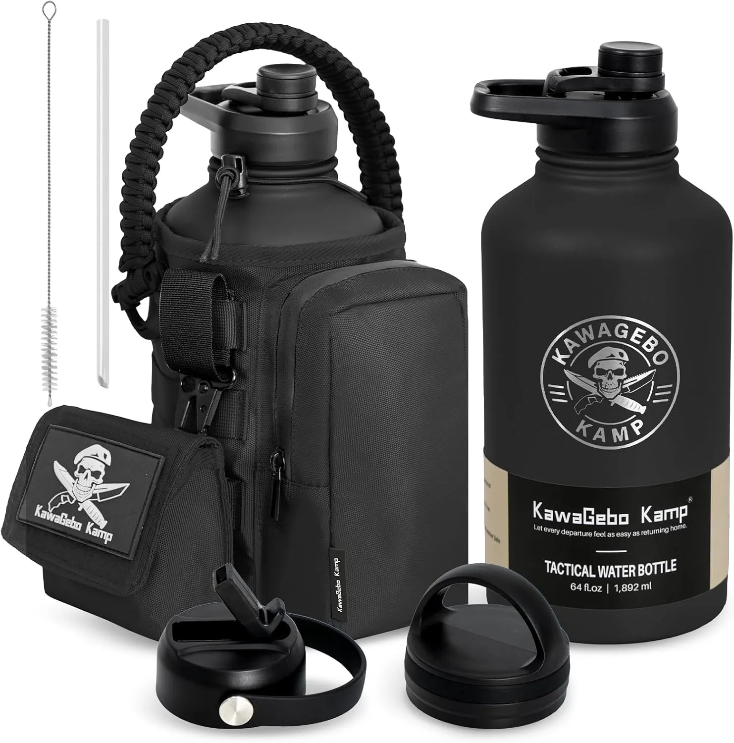 Half Gallon Tactical Water Bottle With Straw - Battle Bottle - 64 OZ Stainless Steel Water Jug with 3 Lids, Paracord Handle, Molle System