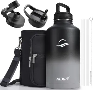 Half Gallon Water Bottle with Straw, 64 oz Water Bottle with Sleeve, Sports Insulated Large Water Jugs for Drinking, Stainless Steel Wide Mouth Water Flask for Gym Camping, Black and Gray