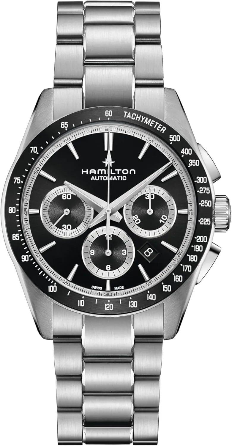 Hamilton Watch Jazzmaster Performer Auto Chrono | Swiss Made | 42mm Stainless Steel Case | Black Dial Analog Watch | Silver Stainless Steel Bracelet (Model: H36606130)