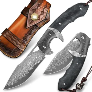 Handmade Damascus Steel Folding Knife with leather case，3.8in VG10 steel core blade,Steel ball bearings Carbon Fiber handle，Tactical pocket knife Hiking carry EDC Knife