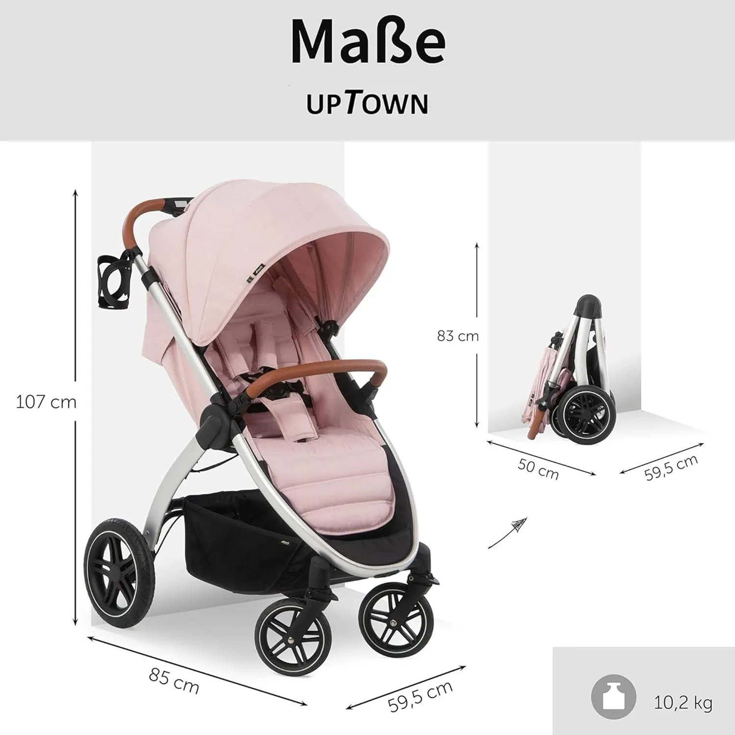 Hauck Uptown Deluxe Stroller - One-Handed Compact Folding, Fully Reclining, Adjustable Height, Cup Holder, Up to 55 lbs. Max Weight - Melange Rose