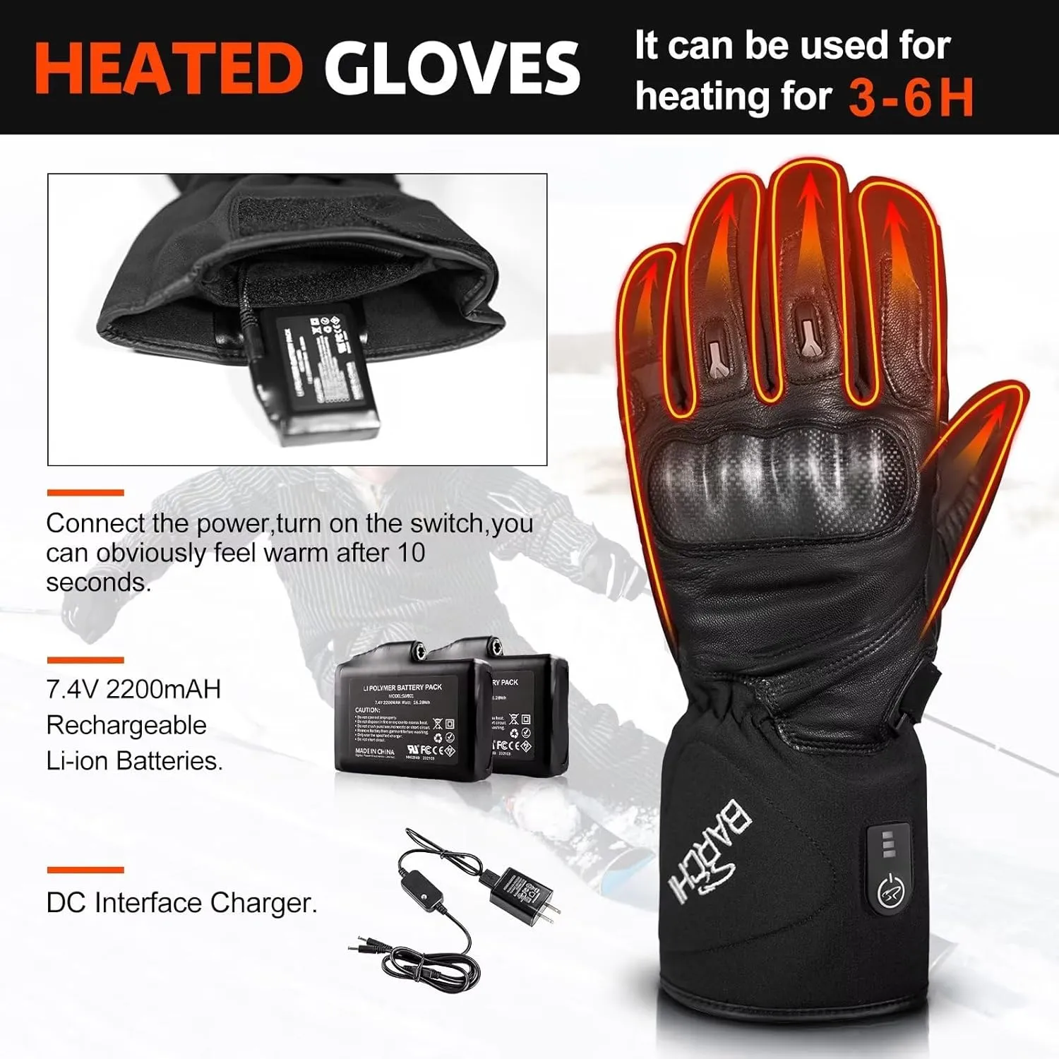Heated Gloves for Men Women Heated Motorcycle Glove Electric Waterproof Heating Gloves Touchscreen Rechargeable Battery Hand Warmers w/ 12V Motorcycle Wire for Outdoor Work Snowmobiles