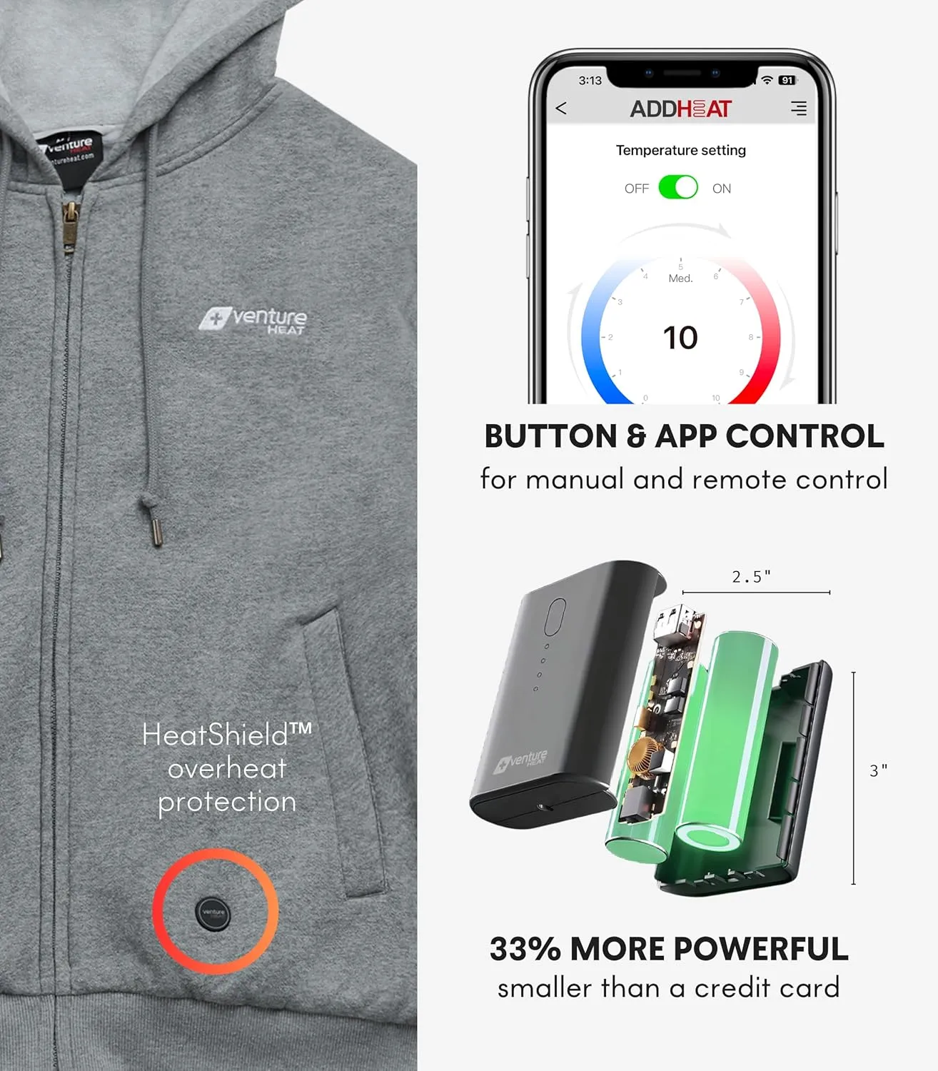 Heated Jacket Hoodie for Men & Women – Winter Coat, Outdoor Clothing, Bluetooth Controlled with 3 Adjustable Heating Zones