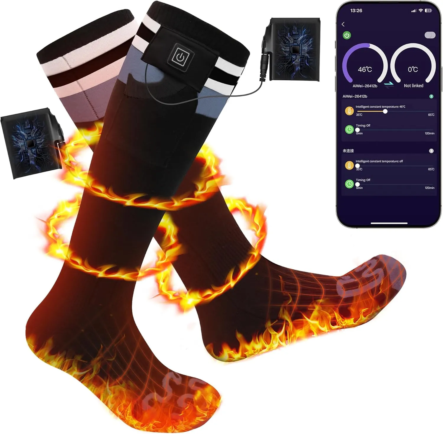 Heated Socks for Men Women with APP Control 7.4V 6000mAh 17H Heat Socks 10s Fast Heating Rechargeable Skiing Socks 5-Level Temperature Washable Electric Foot Warmers for Hiking Camping
