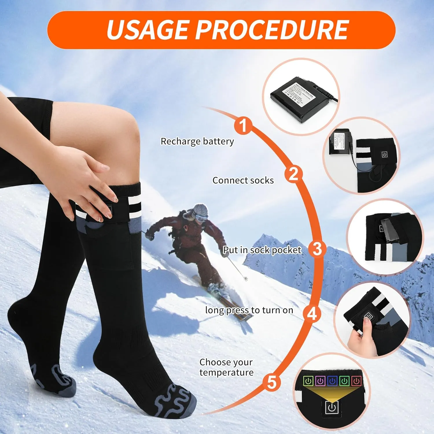 Heated Socks for Men Women with APP Control 7.4V 6000mAh 17H Heat Socks 10s Fast Heating Rechargeable Skiing Socks 5-Level Temperature Washable Electric Foot Warmers for Hiking Camping