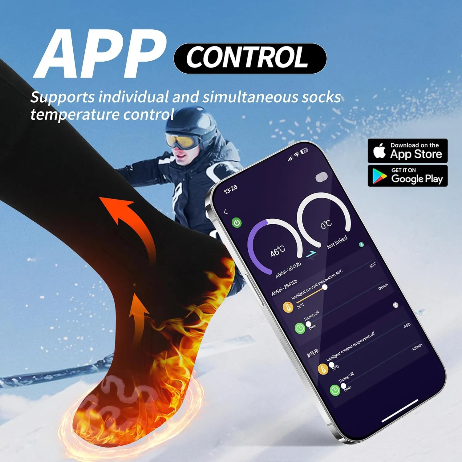Heated Socks for Men Women with APP Control 7.4V 6000mAh 17H Heat Socks 10s Fast Heating Rechargeable Skiing Socks 5-Level Temperature Washable Electric Foot Warmers for Hiking Camping
