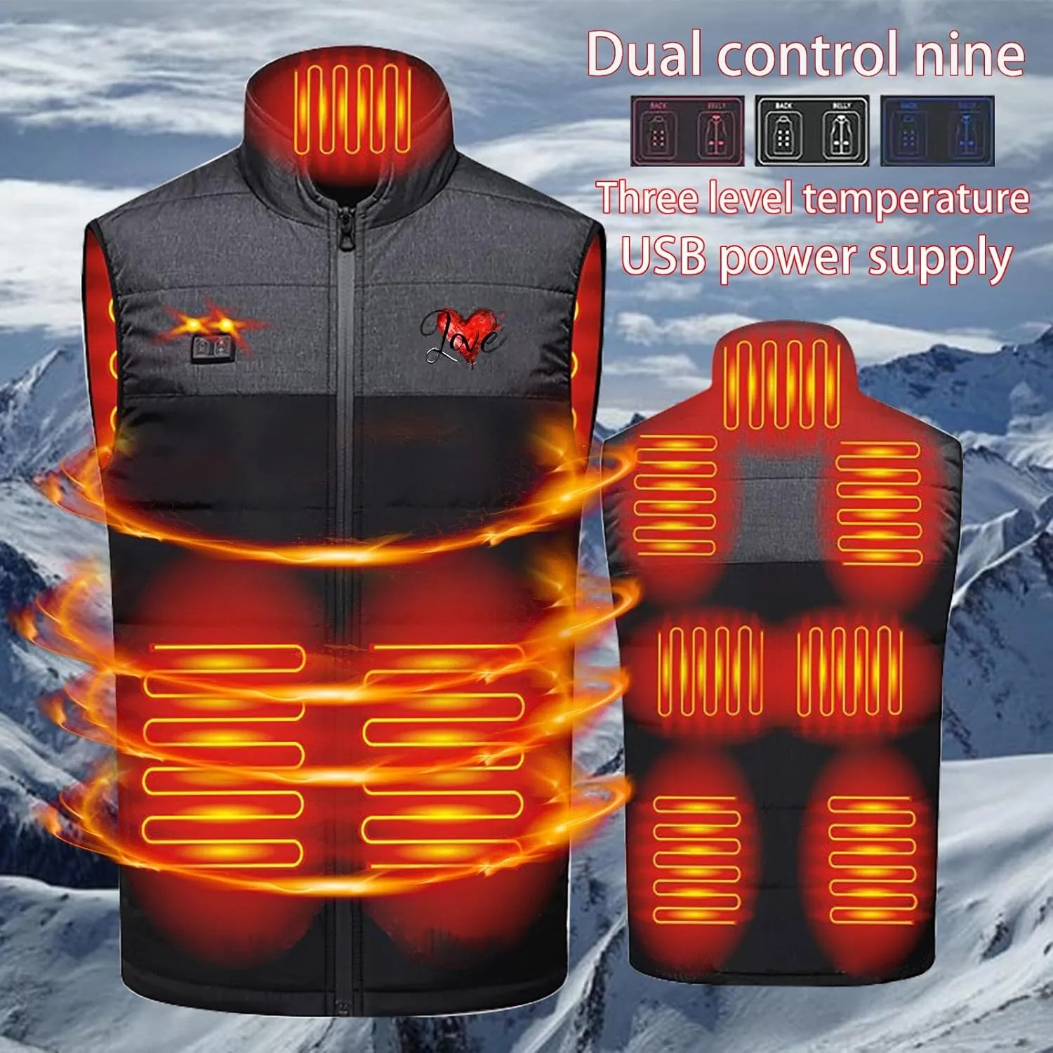 Heated Vest for Men Women 3 Heating Levels 9 Heating Zones Thermal Stand Collar Vests USB Electric Not Included Battery