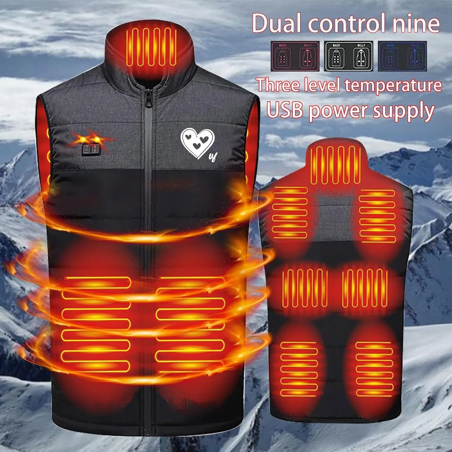 Heated Vest for Men Women 3 Heating Levels 9 Heating Zones Thermal Stand Collar Vests USB Electric Not Included Battery