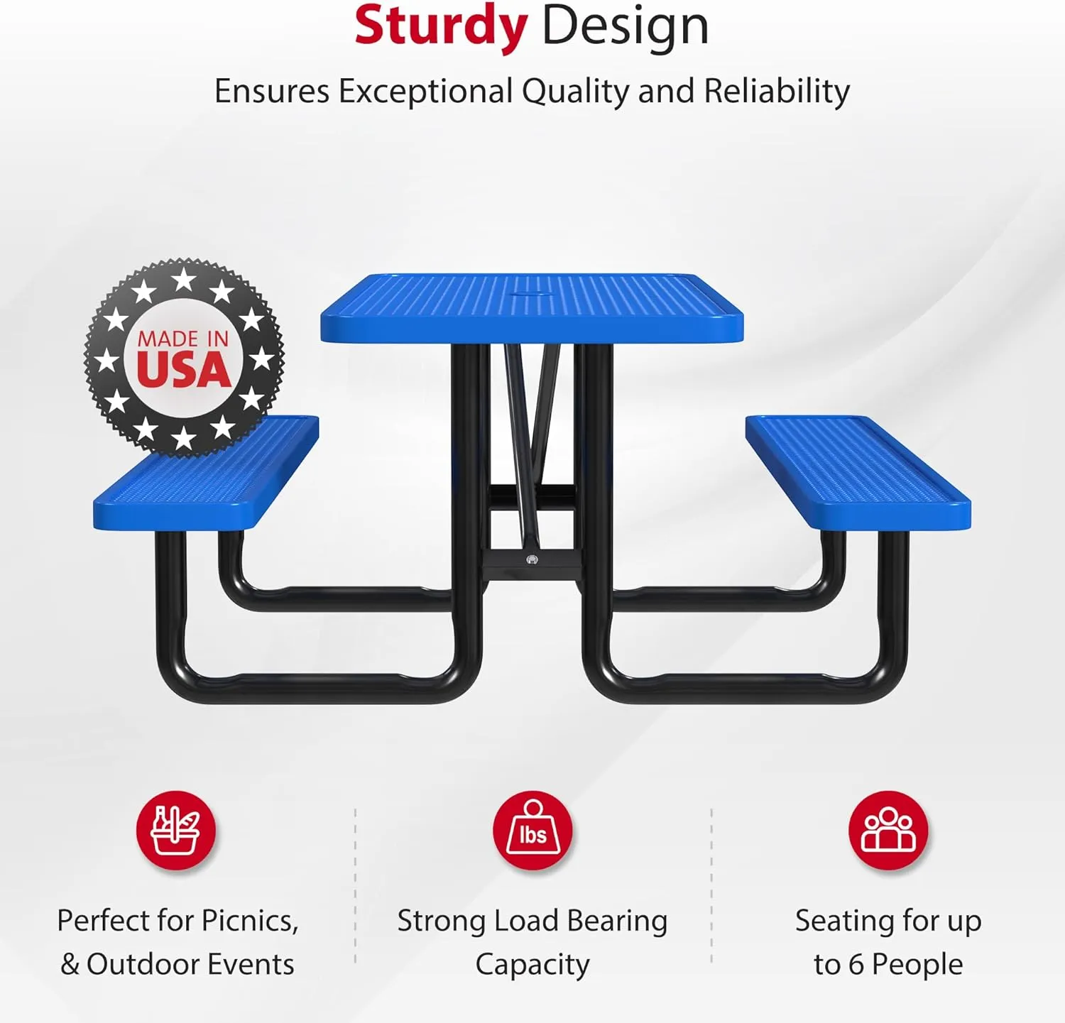 Heavy-Duty 6 Foot Picnic Table, Portable, Made with Heavy-Gauge Metal, Durable Thermoplastic Coating, Commercial Outdoor Picnic Table, Built-in Umbrella Hole, Made in The USA