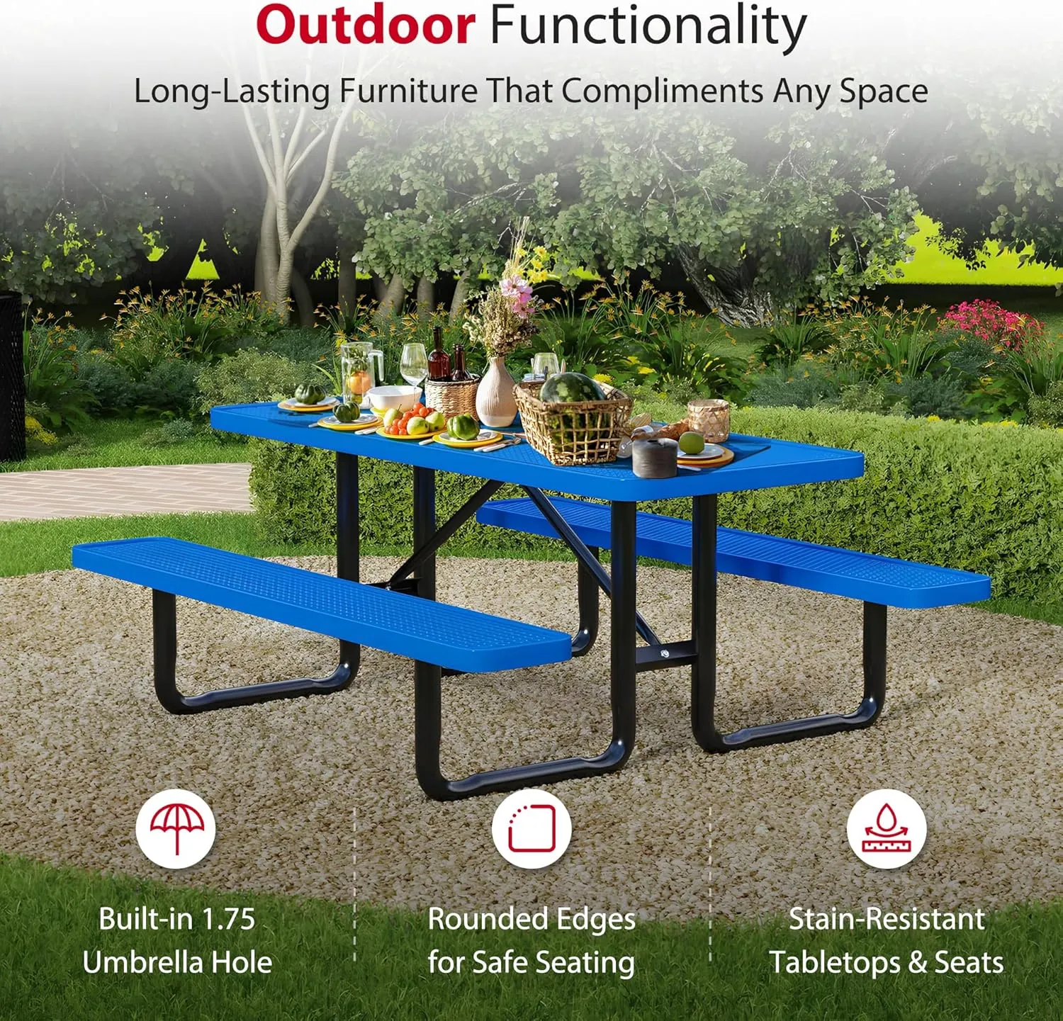 Heavy-Duty 6 Foot Picnic Table, Portable, Made with Heavy-Gauge Metal, Durable Thermoplastic Coating, Commercial Outdoor Picnic Table, Built-in Umbrella Hole, Made in The USA