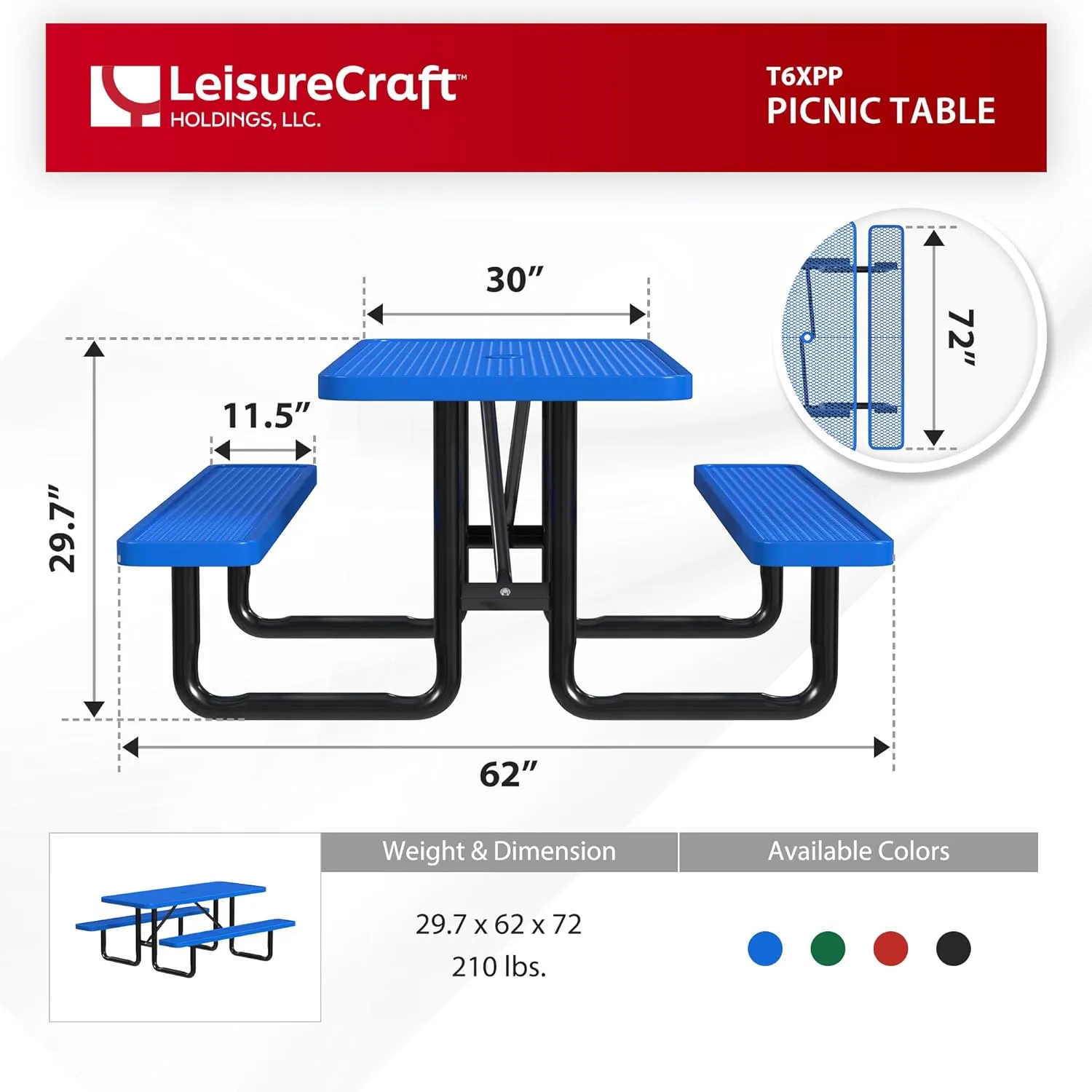 Heavy-Duty 6 Foot Picnic Table, Portable, Made with Heavy-Gauge Metal, Durable Thermoplastic Coating, Commercial Outdoor Picnic Table, Built-in Umbrella Hole, Made in The USA