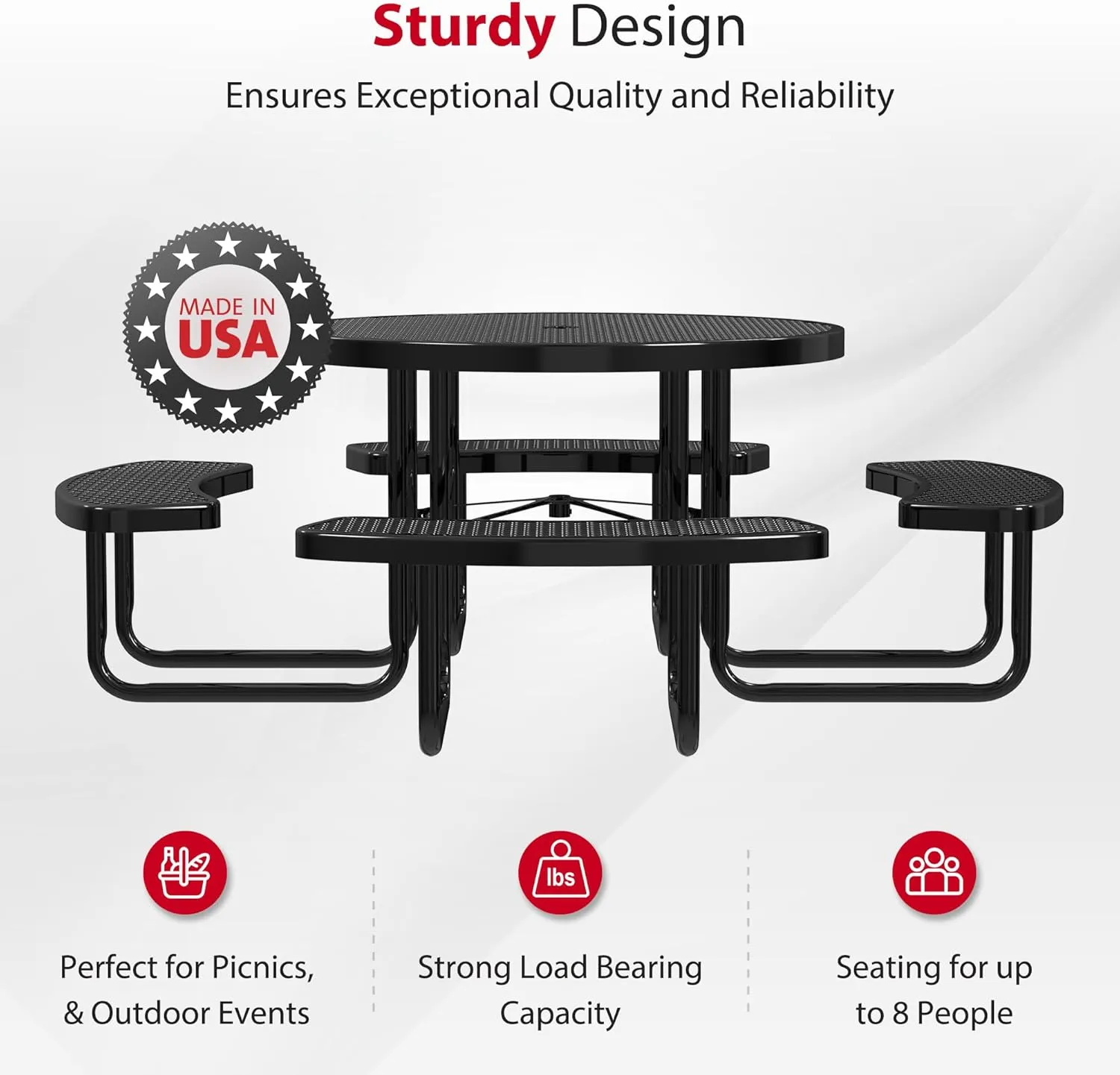 Heavy-Duty Round Outdoor Picnic Table, Portable, Made with Heavy-Gauge Metal, Durable Thermoplastic Coating, Commercial Outdoor Picnic Table, Built-in Umbrella Hole, Made in The USA
