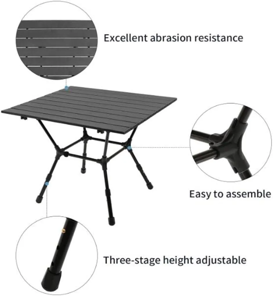 Height-Adjustable Folding Camping Table Aluminum with Carry Bag Portable Side Table for Fishing Beach Picnic, 60*52.5*43