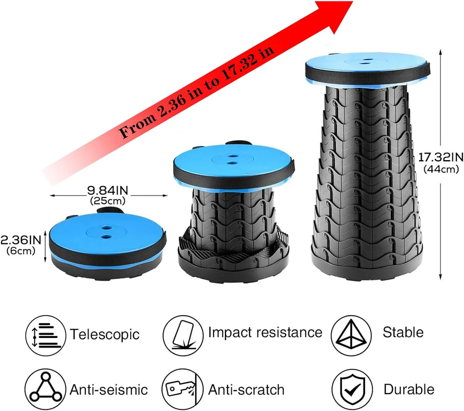 Hesanzol Portable Telescoping Stool, Retractable Folding Stool for Camping Garden Fishing Hiking Travel BBQ, Adjustable Collapsible Stools Max Load 400lbs