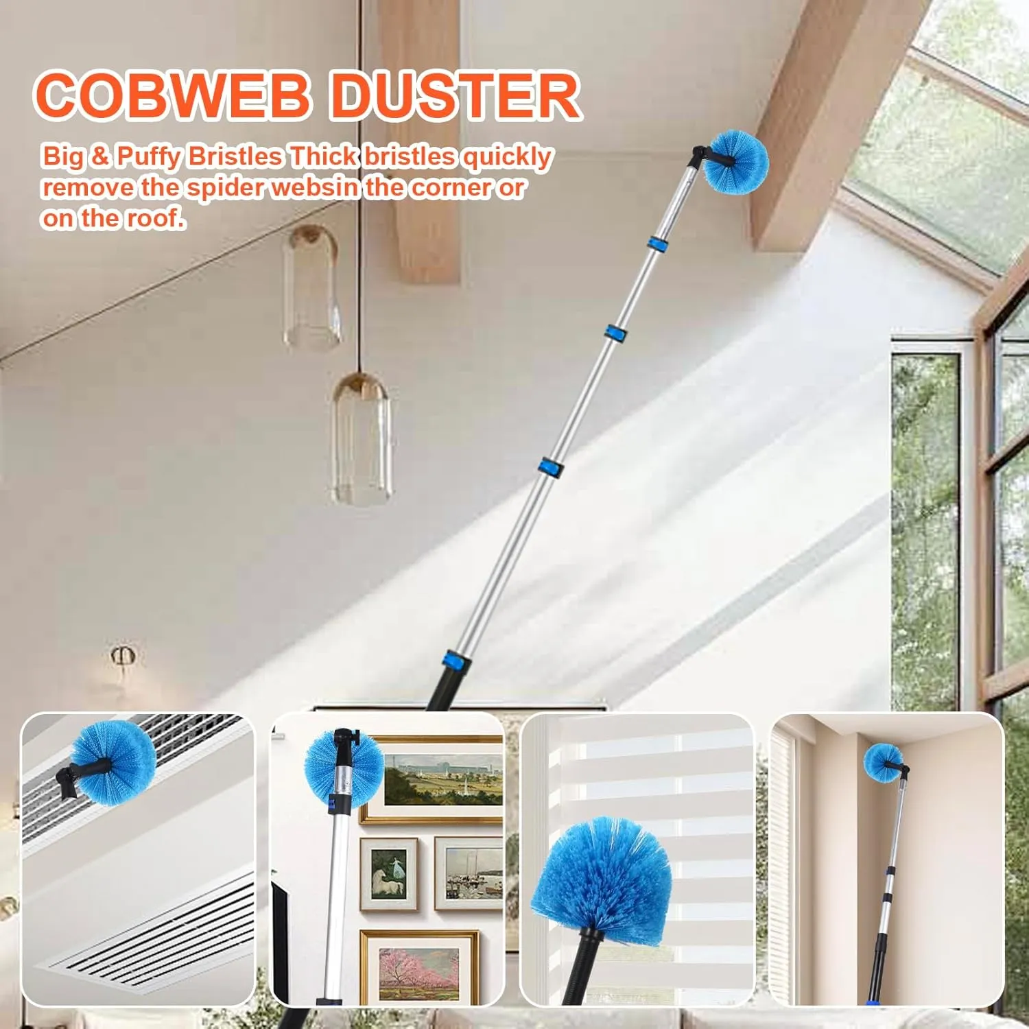 high Ceiling Duster,Cobweb Duster with Extension Pole,Long Duster for high Ceilings 28 feet,Ceiling Fan Cleaner Duster,Window Squeegee with Extension Pole,Extendable Duster Cleaning Kit(Blue, 20ft)
