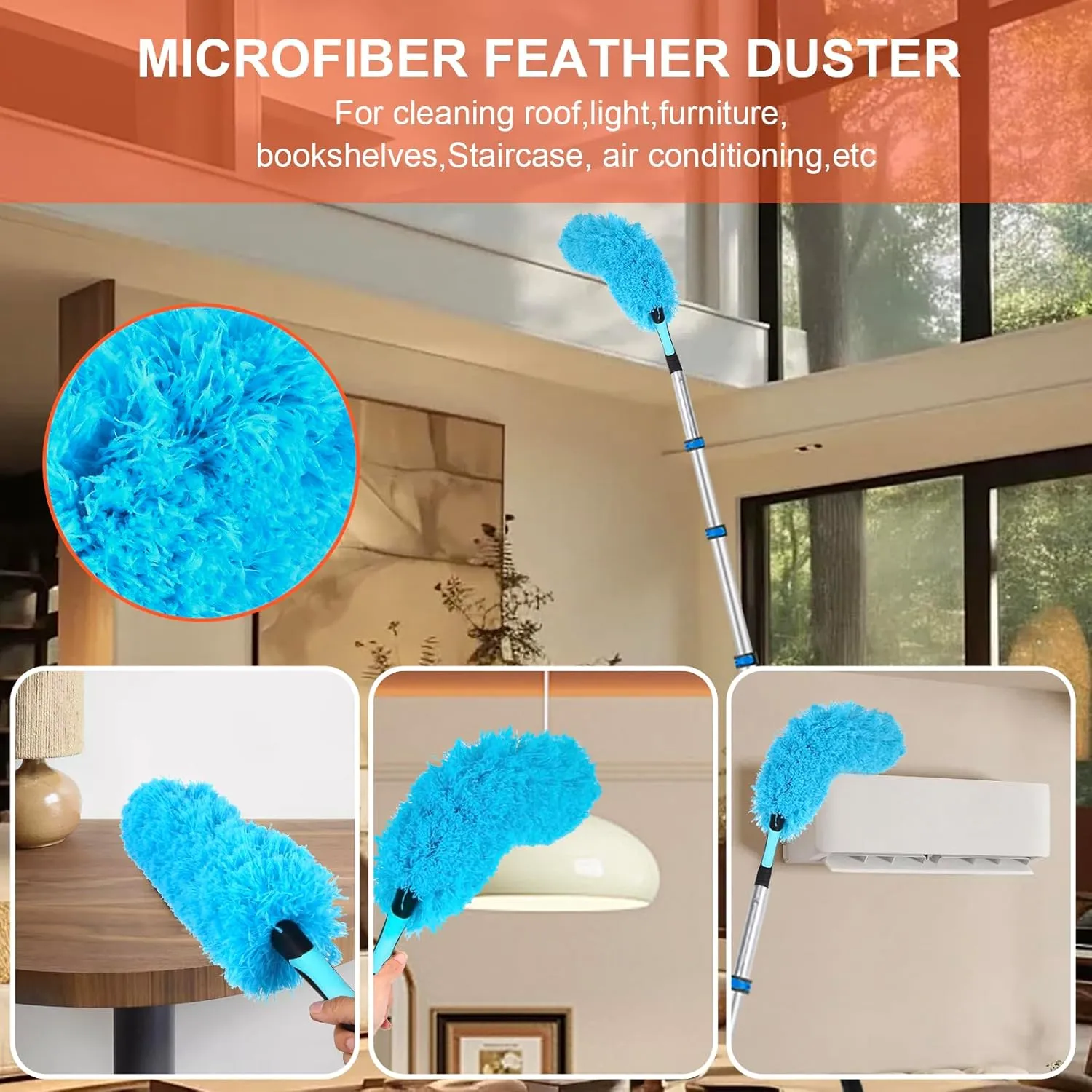 high Ceiling Duster,Cobweb Duster with Extension Pole,Long Duster for high Ceilings 28 feet,Ceiling Fan Cleaner Duster,Window Squeegee with Extension Pole,Extendable Duster Cleaning Kit(Blue, 20ft)
