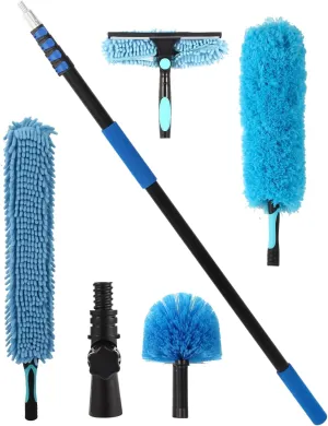 high Ceiling Duster,Cobweb Duster with Extension Pole,Long Duster for high Ceilings 28 feet,Ceiling Fan Cleaner Duster,Window Squeegee with Extension Pole,Extendable Duster Cleaning Kit(Blue, 20ft)
