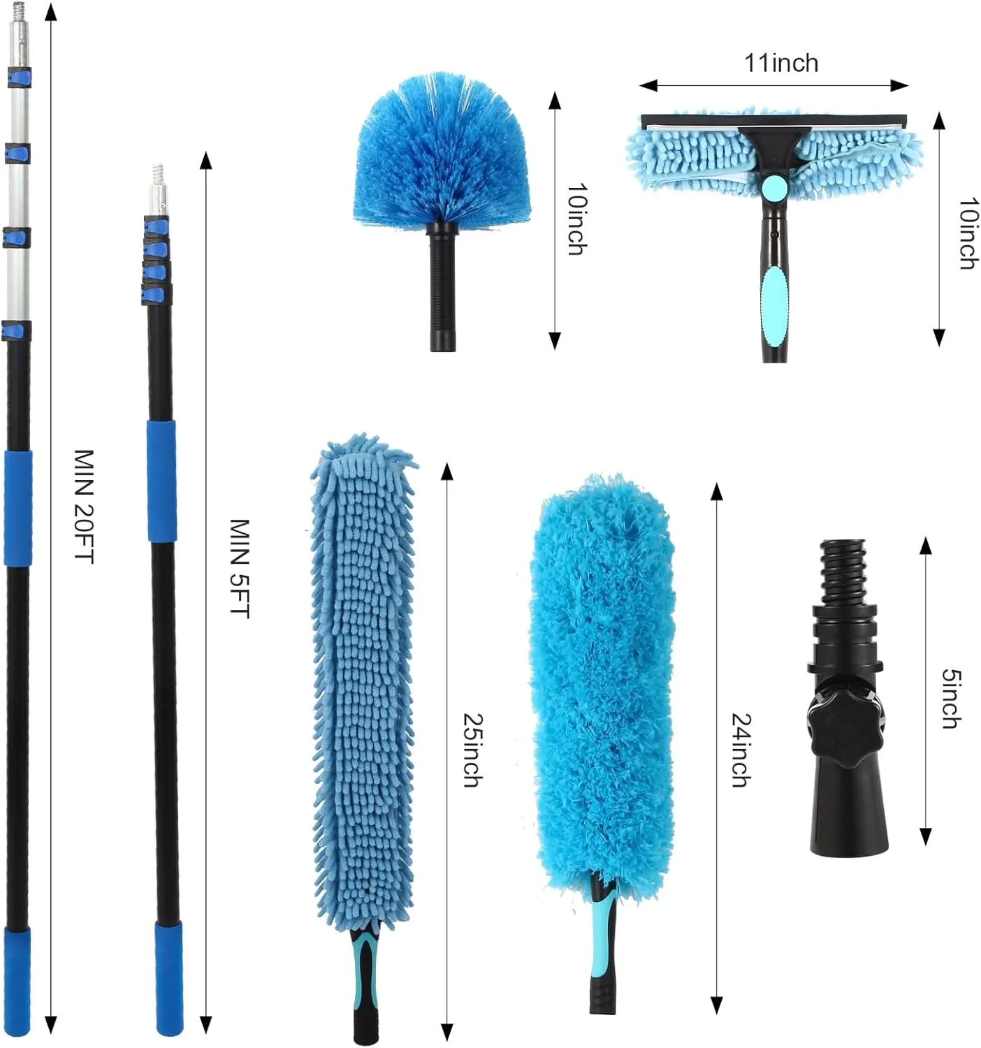 high Ceiling Duster,Cobweb Duster with Extension Pole,Long Duster for high Ceilings 28 feet,Ceiling Fan Cleaner Duster,Window Squeegee with Extension Pole,Extendable Duster Cleaning Kit(Blue, 20ft)