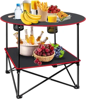 HiiPeak Camping Table, Folding Picnic Table with 4 Cup Holders and Carrying Bag, Portable Camp Table with Handle Design for BBQ Outdoor Fishing Beach Picnic Travel, Camping Essentials Black Table
