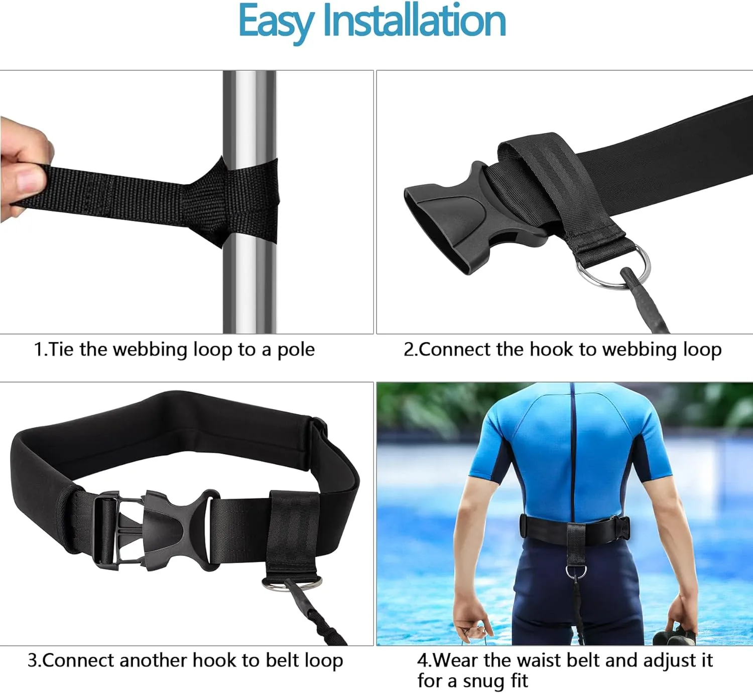 Hikeen Swimming Training Belt - 4M Tether for Swim in Place, Stationary Harness, Aquatic Resistance Belt